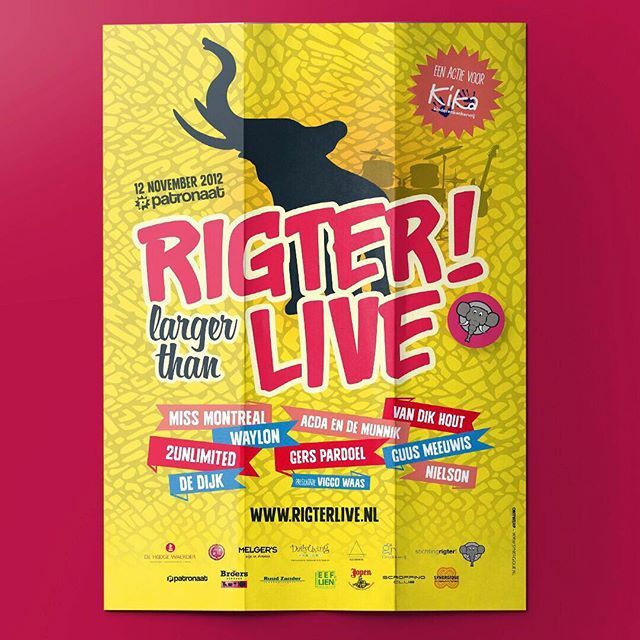 Image for Voor benefietwedstrijd @rigter_live hebben we in 2012 hun visuele stijl een boost gegeven. Vanuit het concept ‘larger than life’ hebben we het leven gevierd! Compleet met stage design, en Het geheugen van Rigter. Want olifanten vergeten nooit iets.